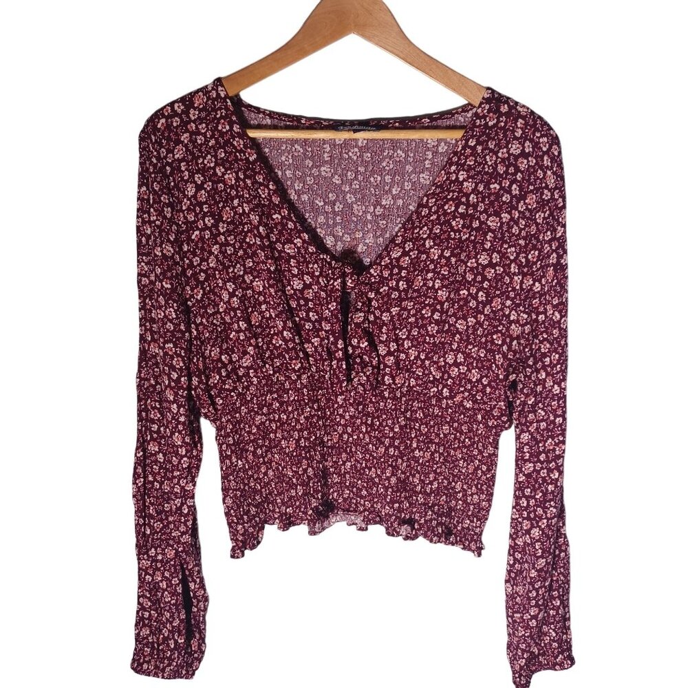 Womens Cottagecore Top Size X Large Floral Burgundy Smocked Crop Boho Hippie